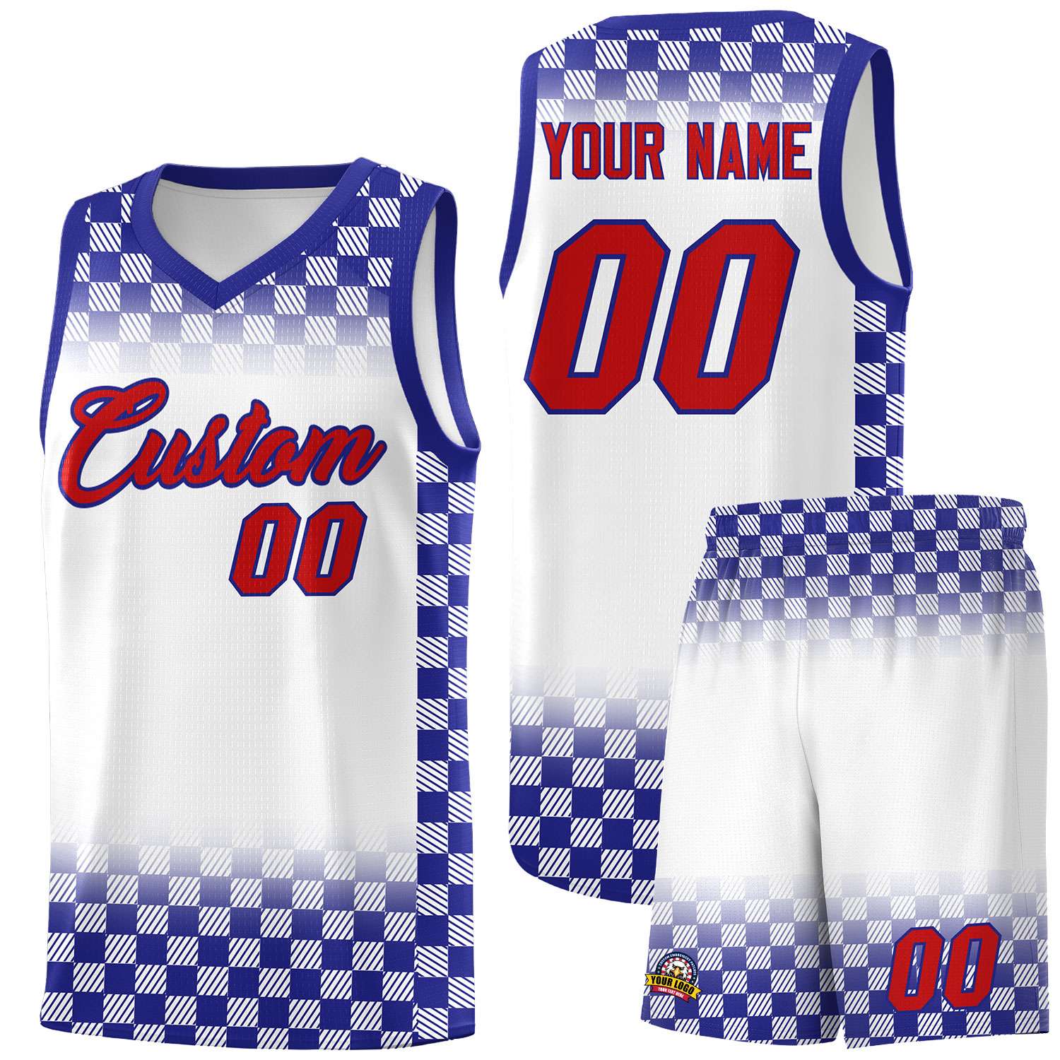 Custom White Royal Classic Plaid Pattern Sports Uniform Basketball Jersey