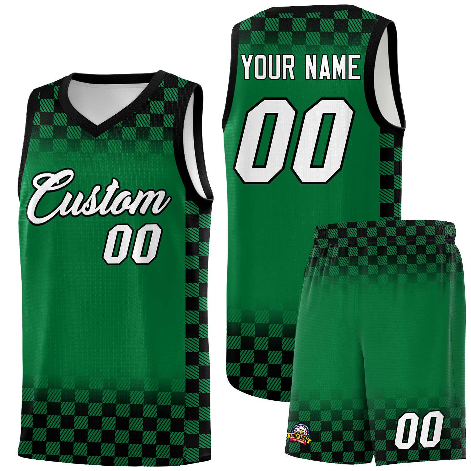 Custom Kelly Green Black Classic Plaid Pattern Sports Uniform Basketball Jersey