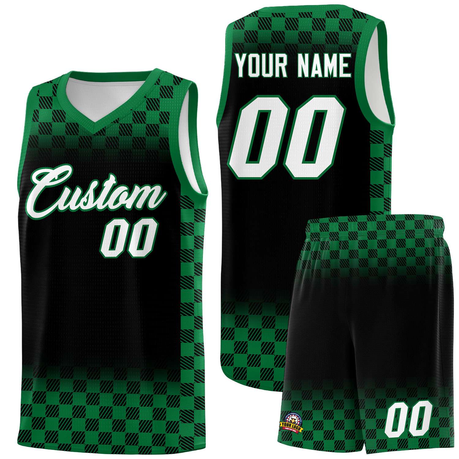 Custom Black Kelly Green Classic Plaid Pattern Sports Uniform Basketball Jersey