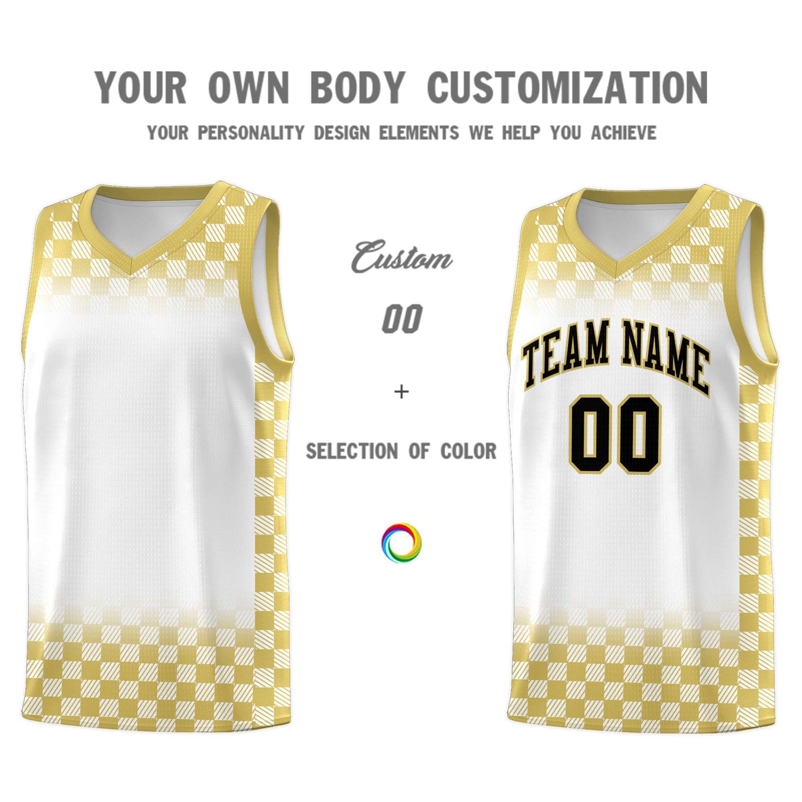 Custom White Old Gold Classic Plaid Pattern Sports Uniform Basketball Jersey