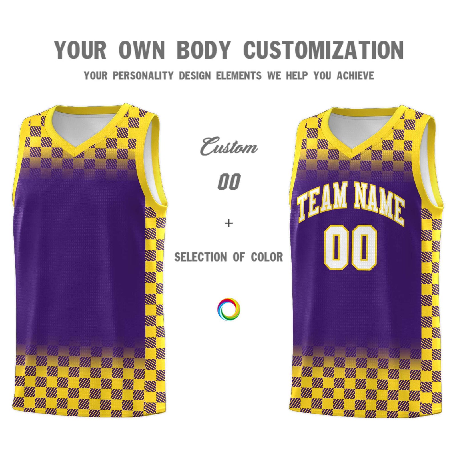 Custom Purple Gold Classic Plaid Pattern Sports Uniform Basketball Jersey