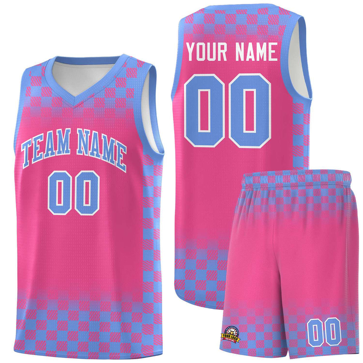 Custom Pink Light Blue Classic Plaid Pattern Sports Uniform Basketball Jersey