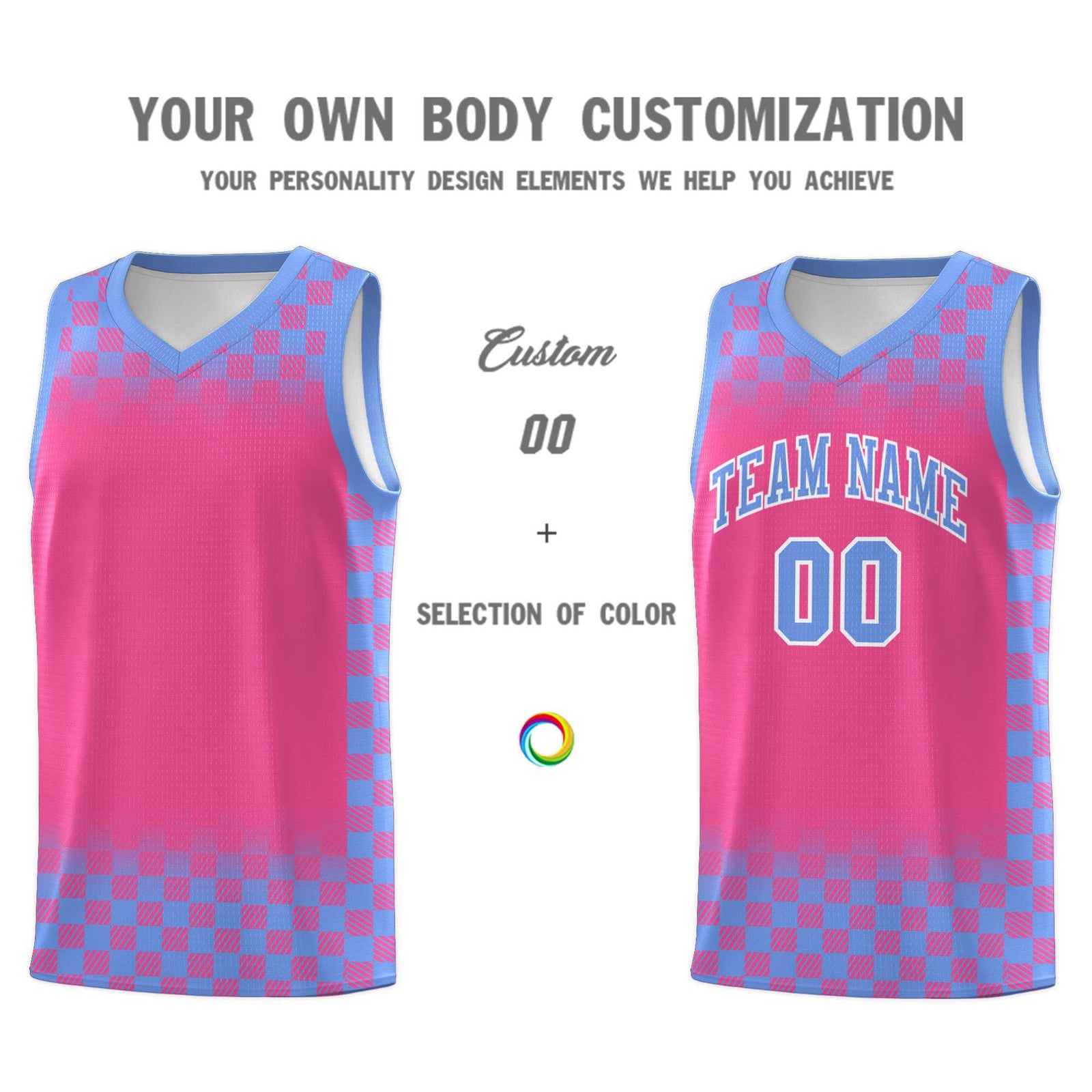 Custom Pink Light Blue Classic Plaid Pattern Sports Uniform Basketball Jersey