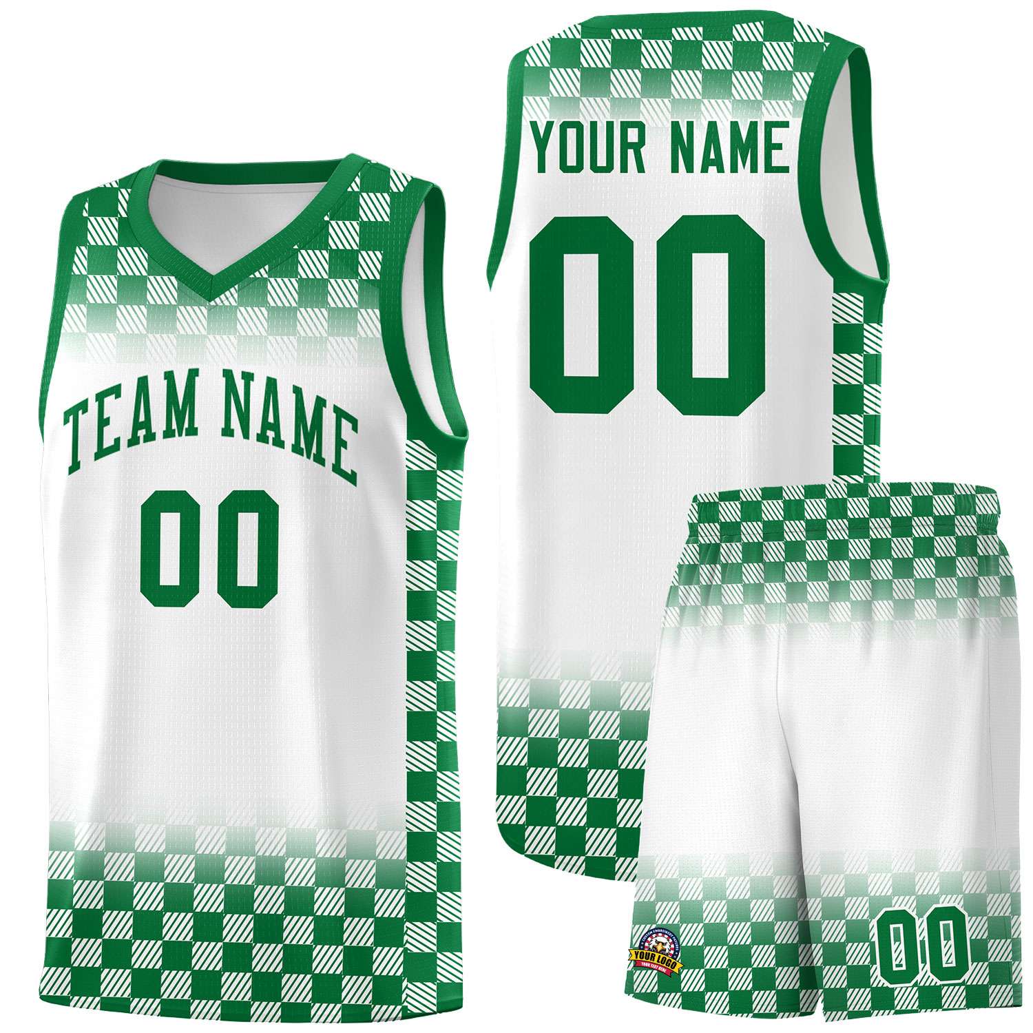Custom White Kelly Green Classic Plaid Pattern Sports Uniform Basketball Jersey