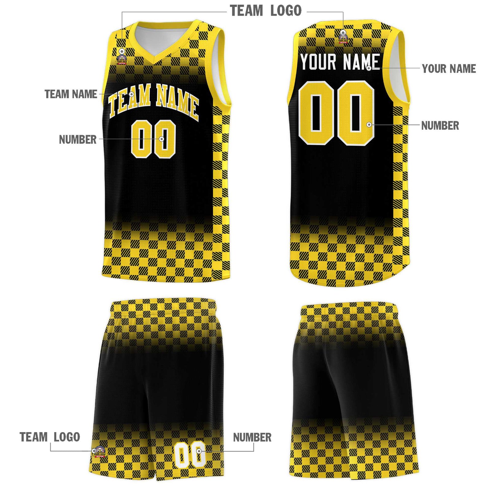Custom Black Gold Classic Plaid Pattern Sports Uniform Basketball Jersey