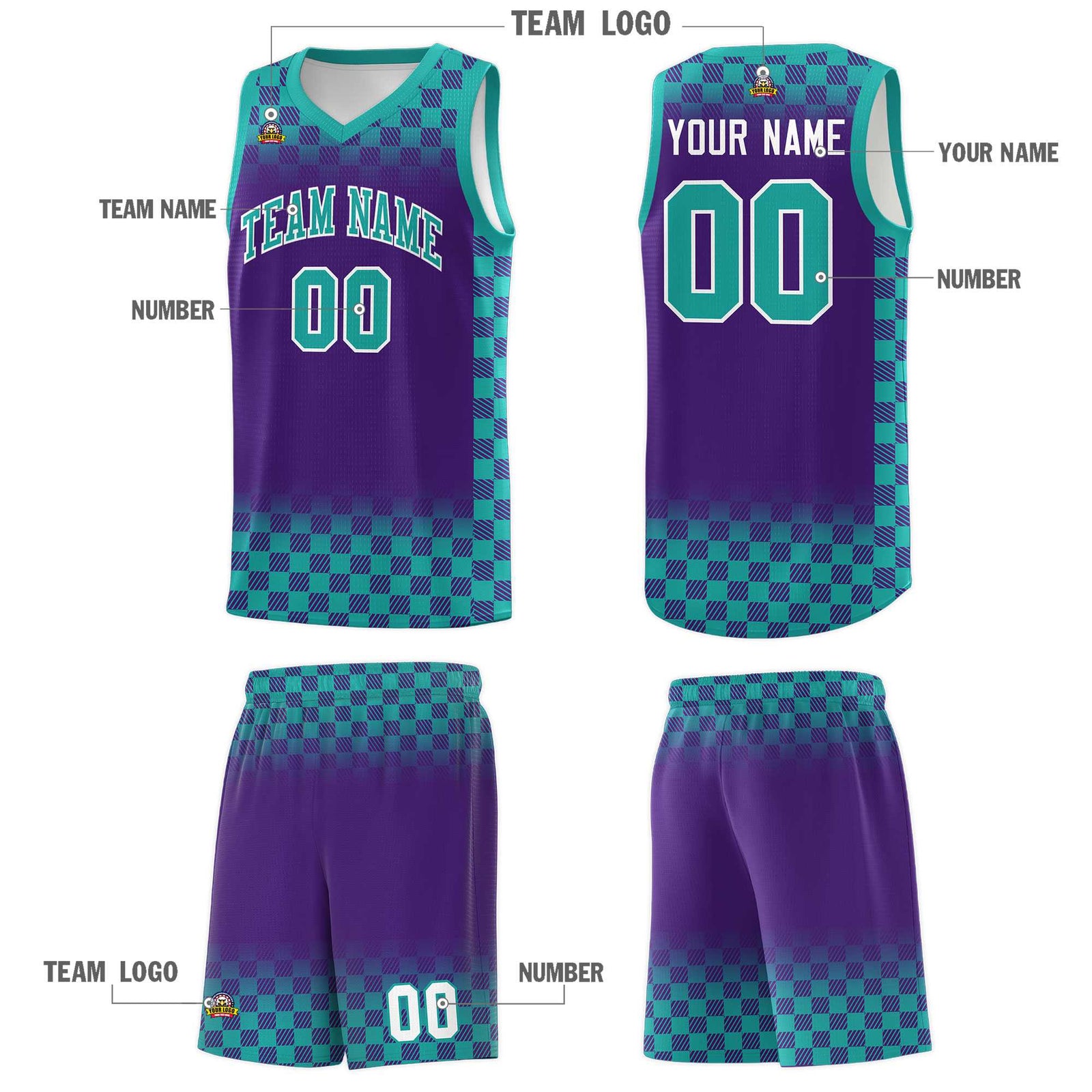 Custom Purple Aqua Classic Plaid Pattern Sports Uniform Basketball Jersey