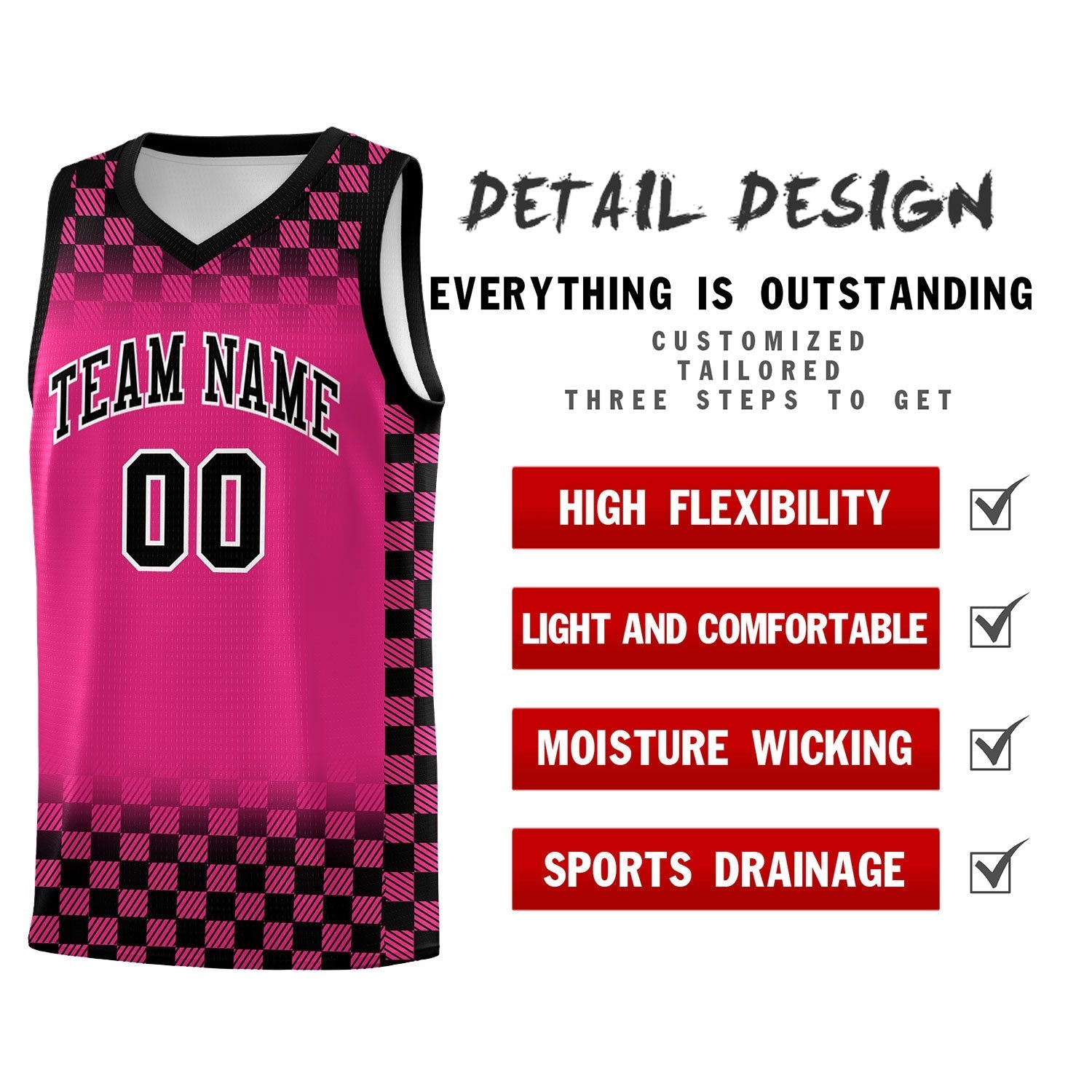Custom Pink Black Classic Plaid Pattern Sports Uniform Basketball Jersey