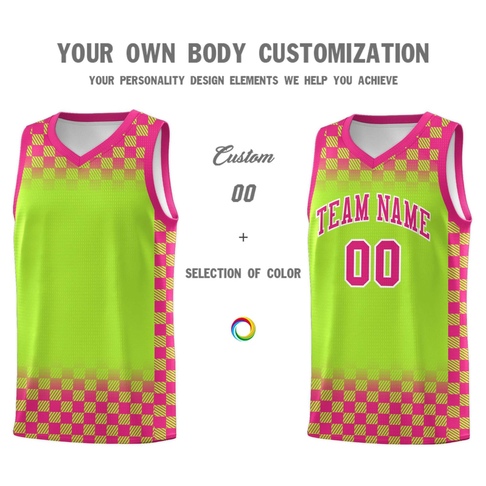 Custom Neon Green Pink Classic Plaid Pattern Sports Uniform Basketball Jersey