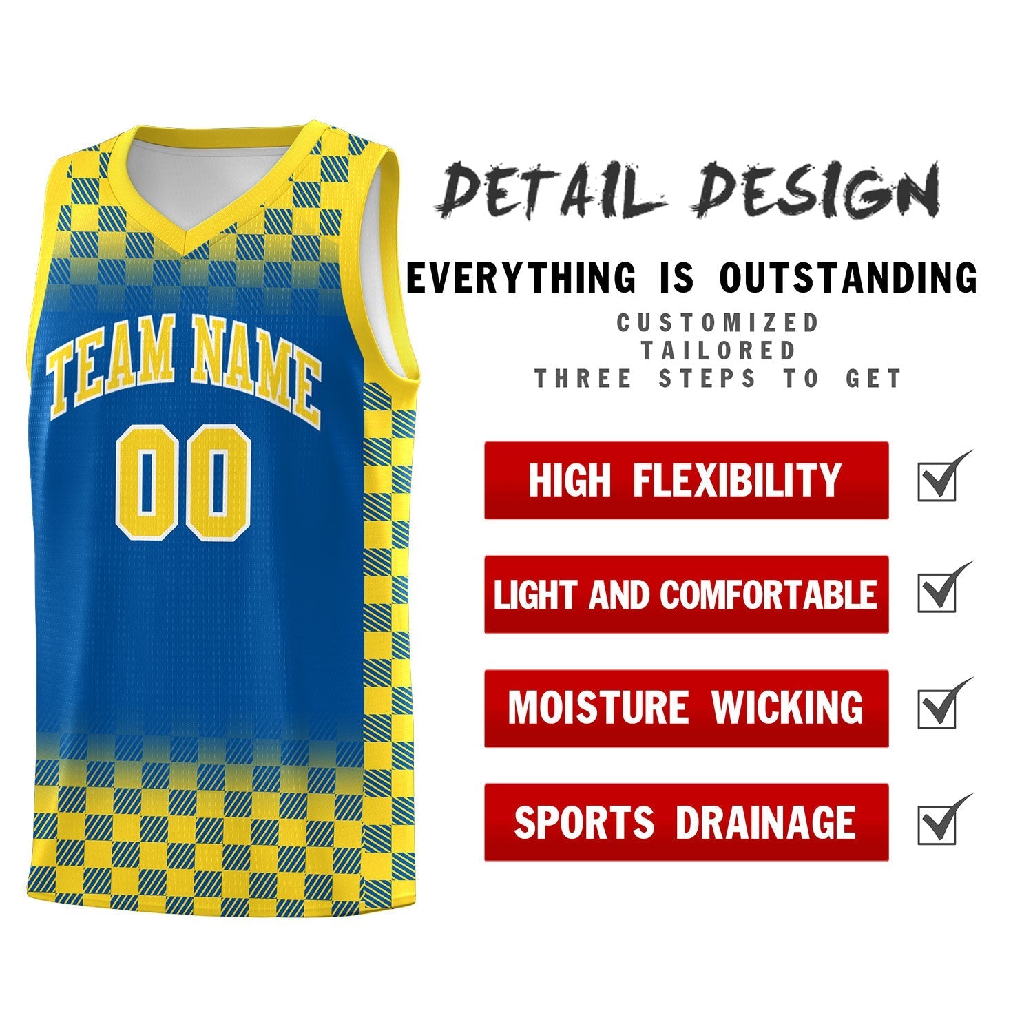 Custom Royal Gold Classic Plaid Pattern Sports Uniform Basketball Jersey