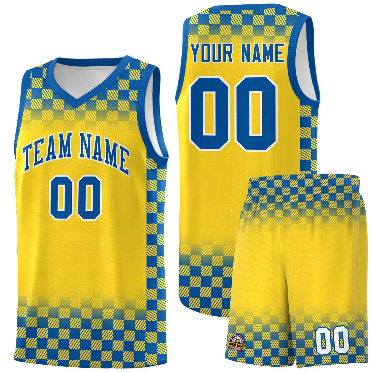 Custom Gold Royal Classic Plaid Pattern Sports Uniform Basketball Jersey