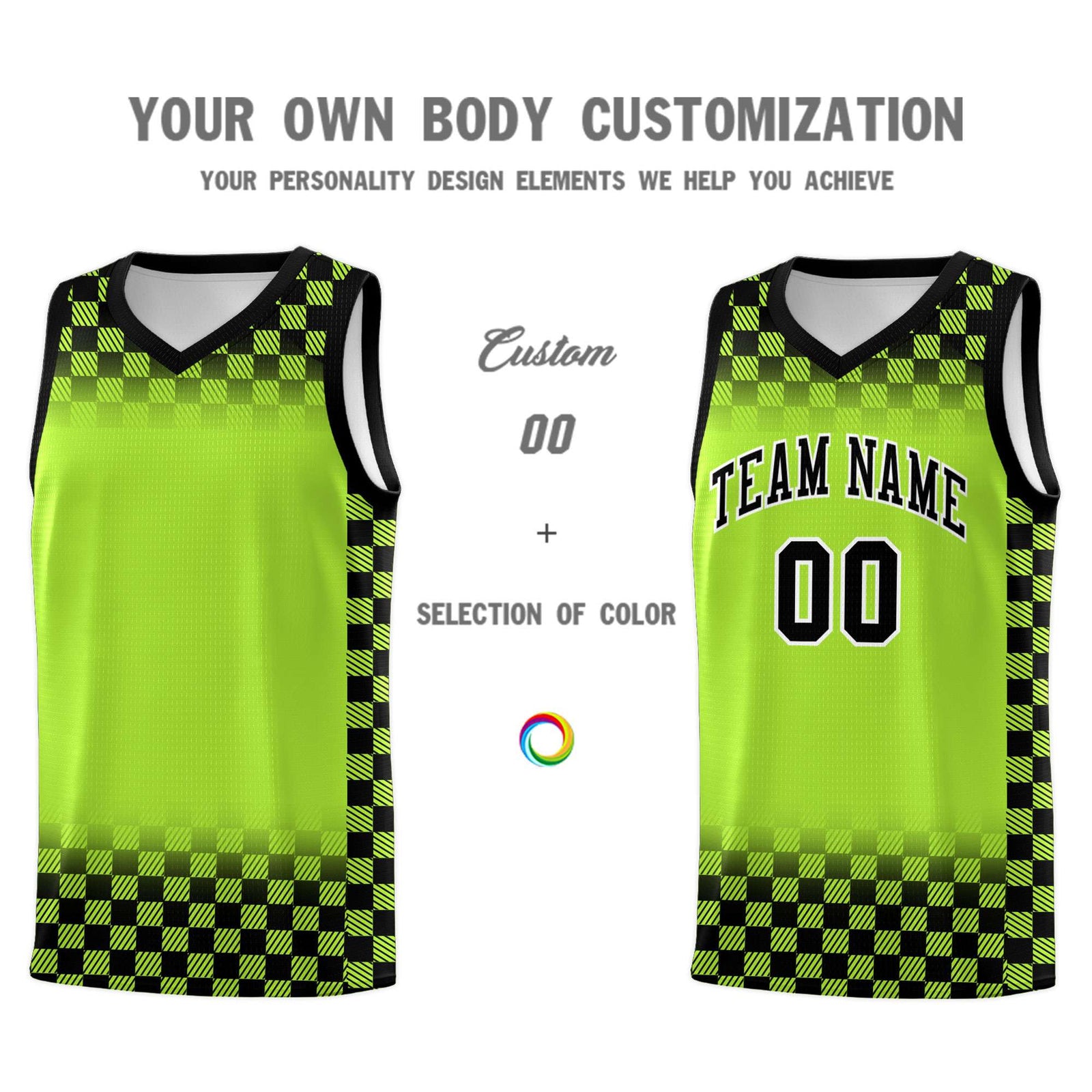 Custom Neon Green Black Classic Plaid Pattern Sports Uniform Basketball Jersey