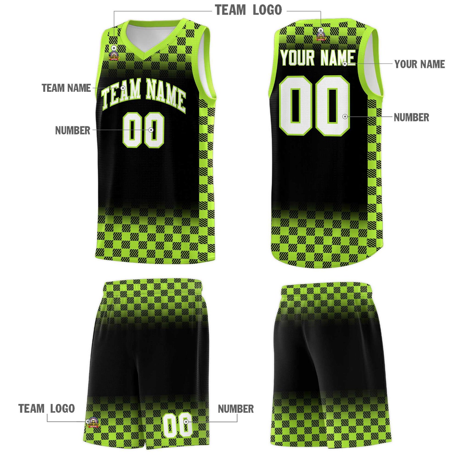 Custom Black Neon Green Classic Plaid Pattern Sports Uniform Basketball Jersey