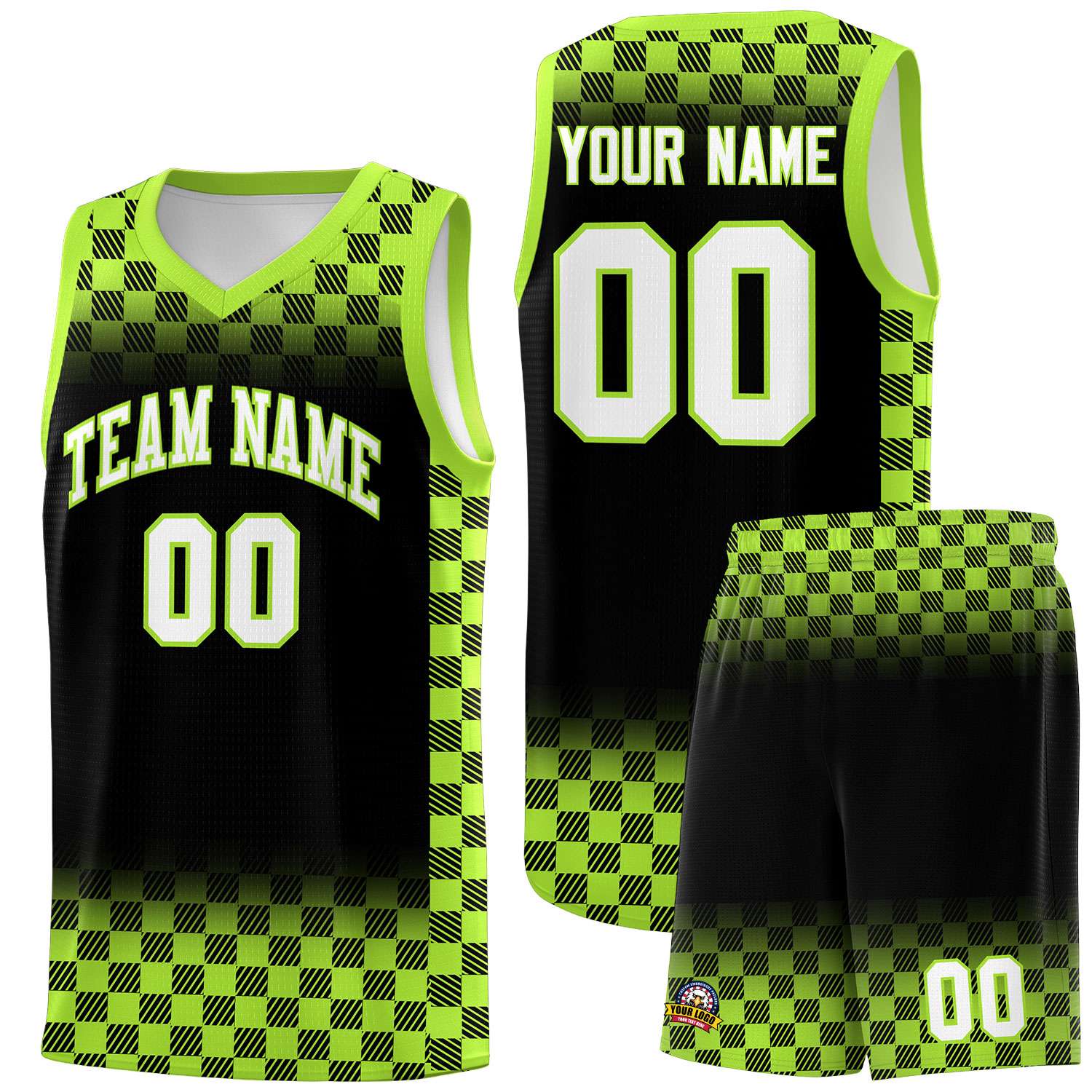 Custom Black Neon Green Classic Plaid Pattern Sports Uniform Basketball Jersey