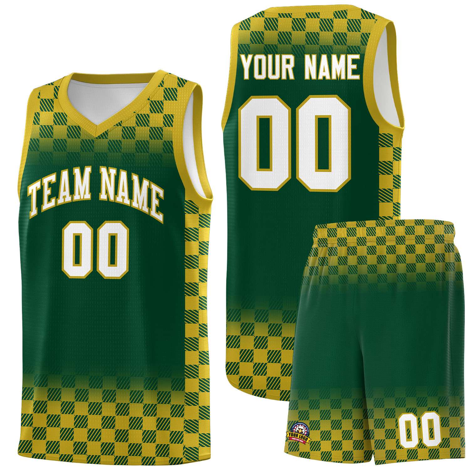 Custom Green Old Gold Classic Plaid Pattern Sports Uniform Basketball Jersey