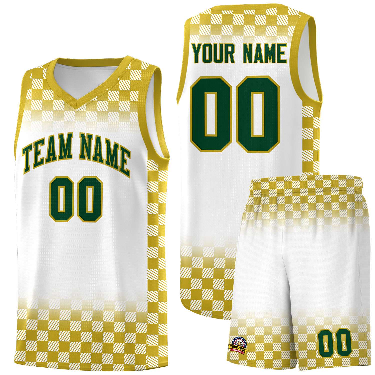 Custom White Old Gold Classic Plaid Pattern Sports Uniform Basketball Jersey