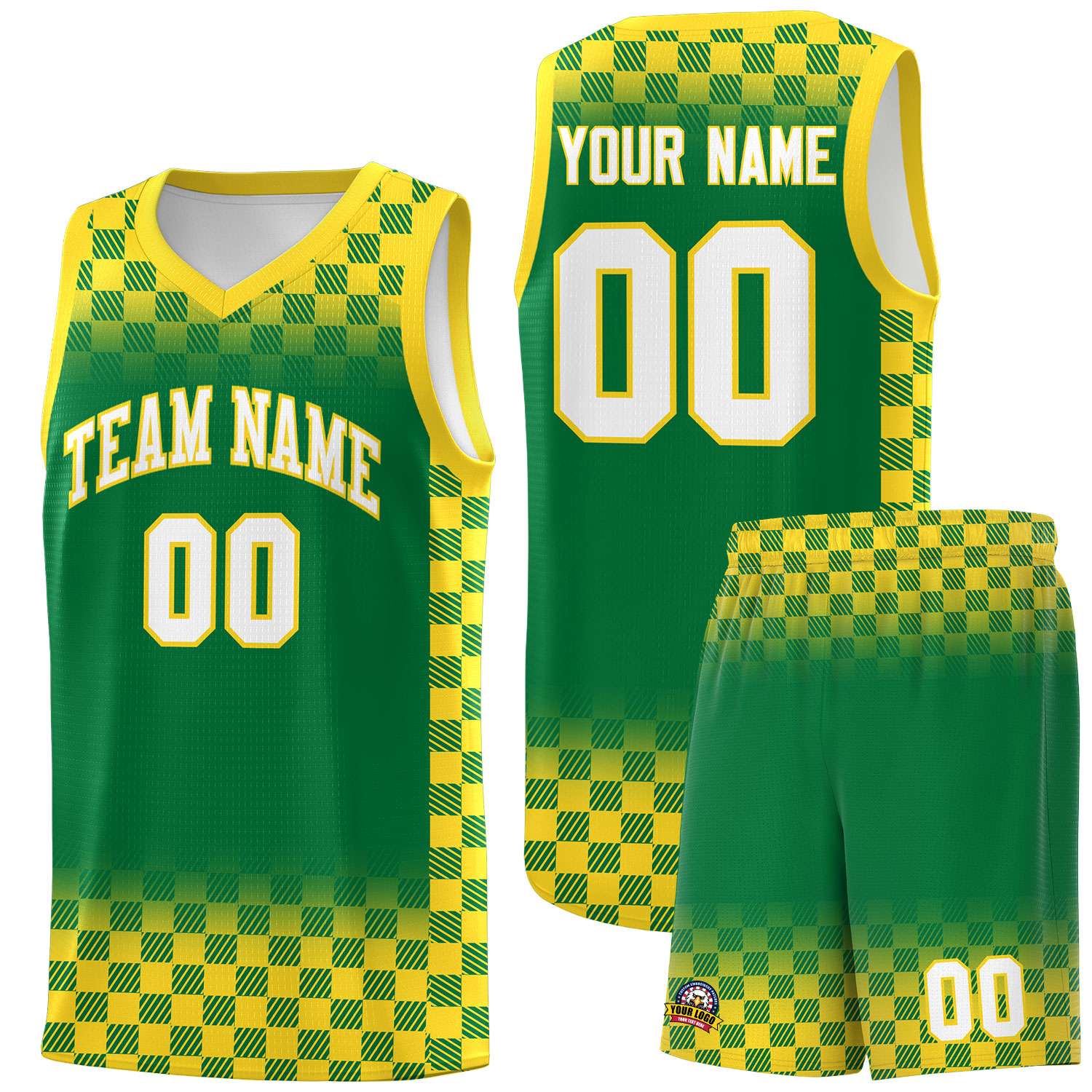 Custom Kelly Green Gold Classic Plaid Pattern Sports Uniform Basketball Jersey