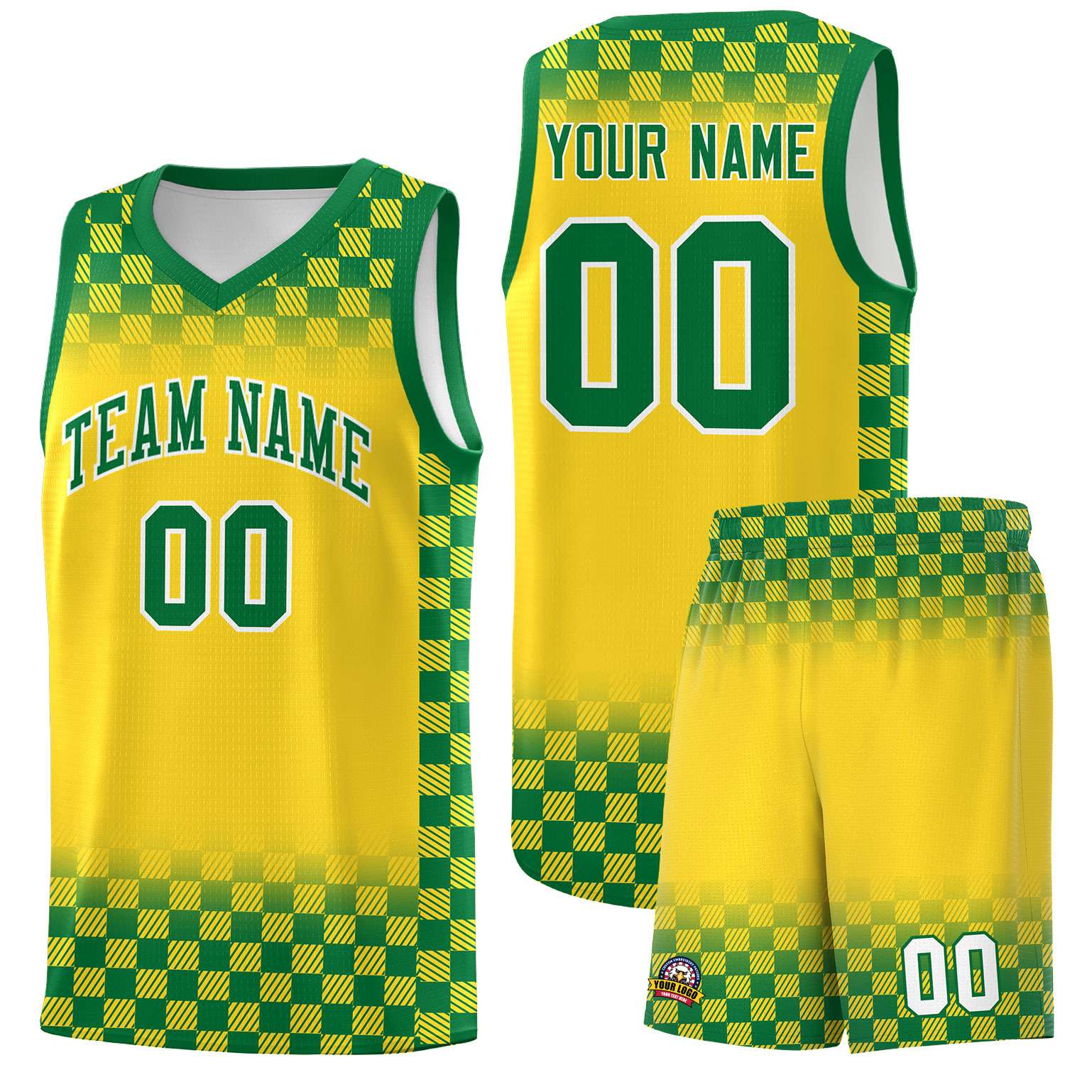 Custom Gold Kelly Green Classic Plaid Pattern Sports Uniform Basketball Jersey