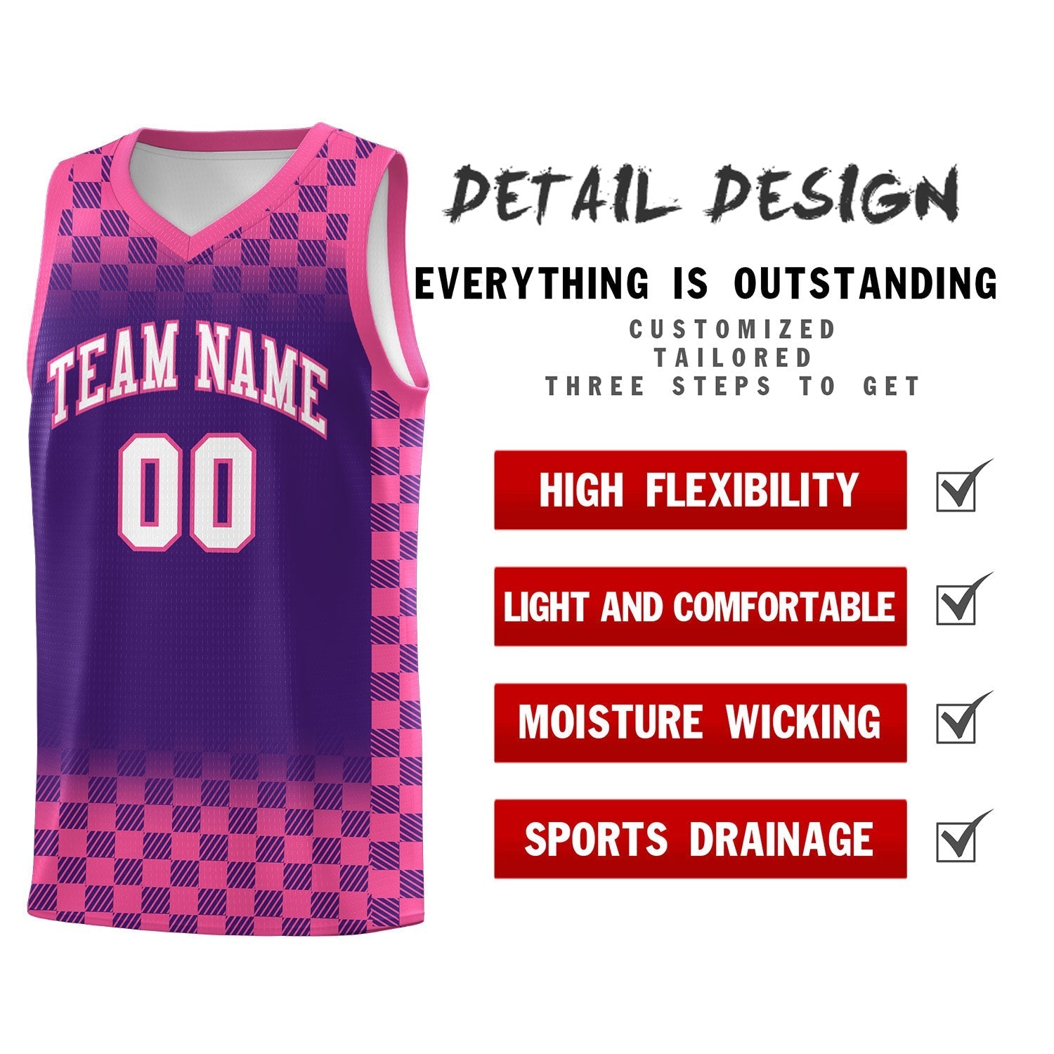 Custom Purple Pink Classic Plaid Pattern Sports Uniform Basketball Jersey