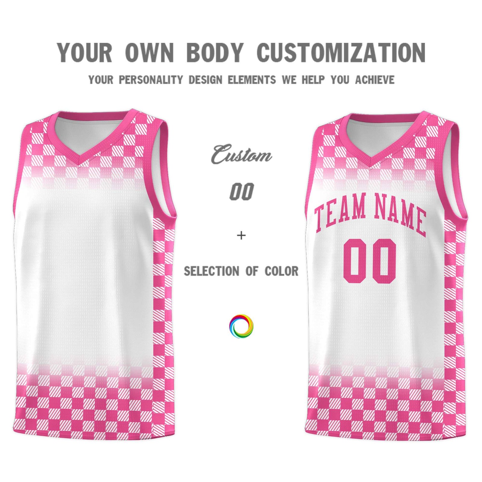 Custom White Pink Classic Plaid Pattern Sports Uniform Basketball Jersey