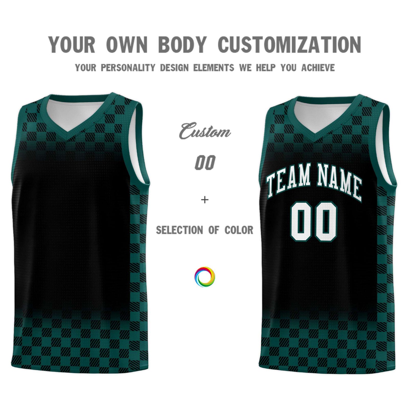 Custom Black Midnight Green Classic Plaid Pattern Sports Uniform Basketball Jersey