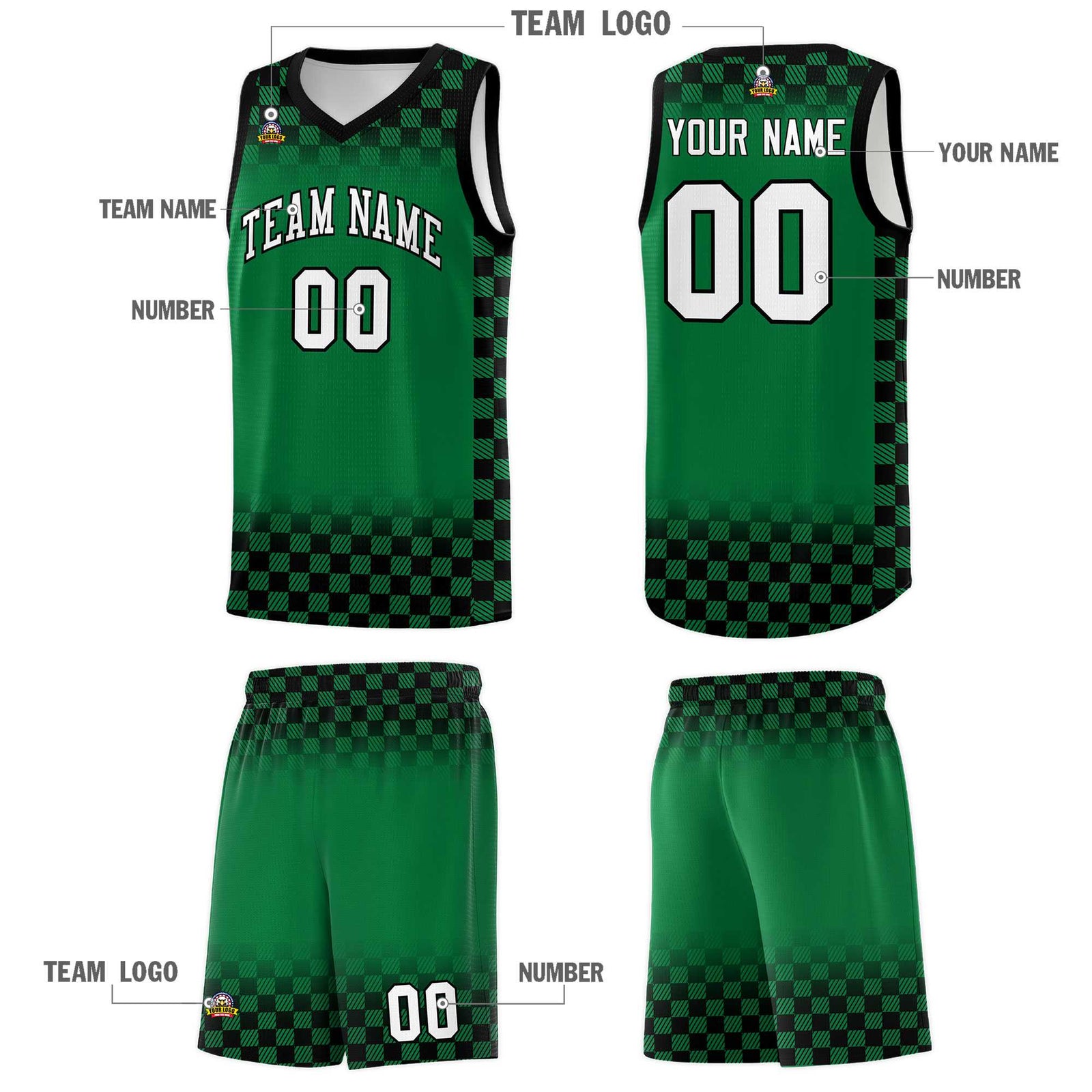 Custom Kelly Green Black Classic Plaid Pattern Sports Uniform Basketball Jersey