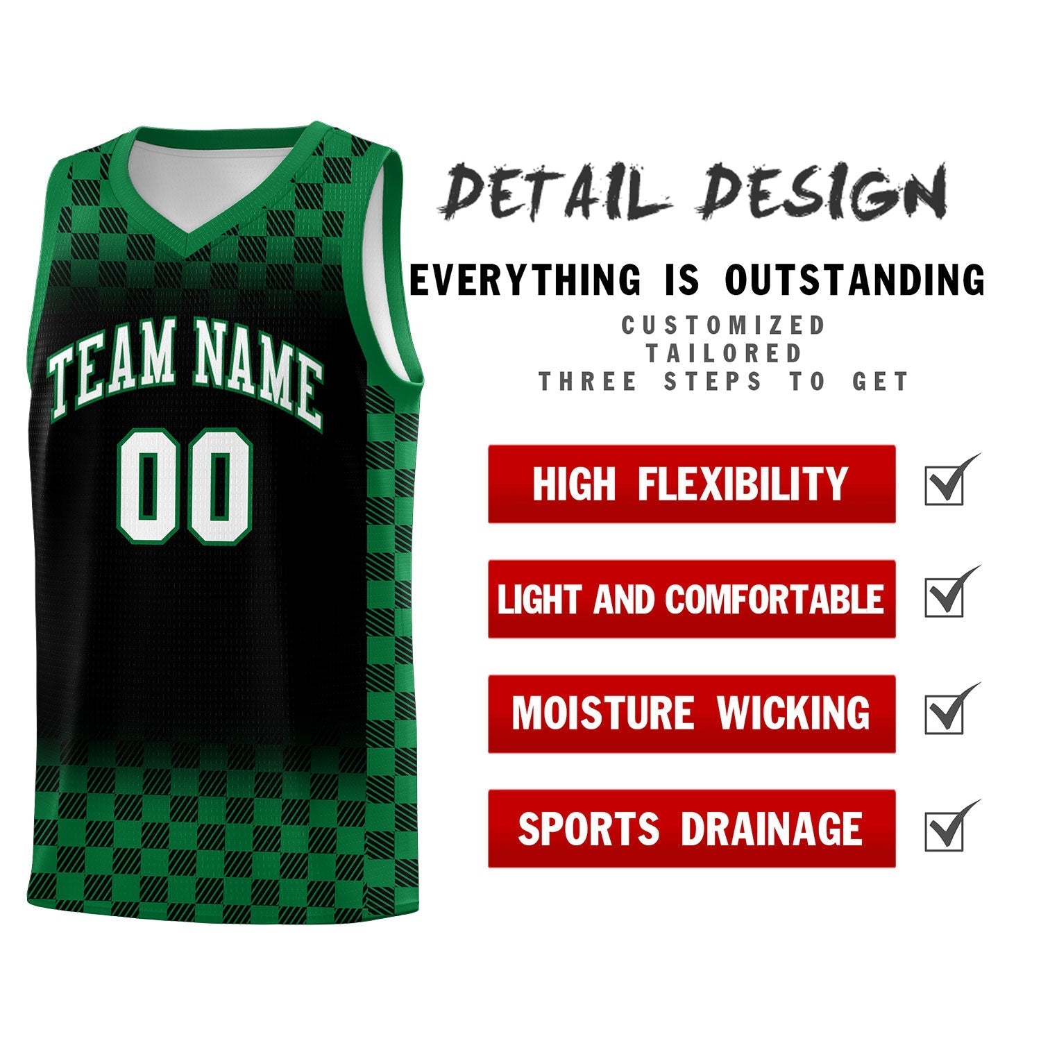 Custom Black Kelly Green Classic Plaid Pattern Sports Uniform Basketball Jersey