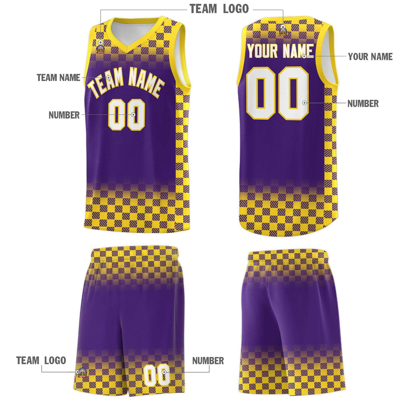 Custom Purple Gold Classic Plaid Pattern Sports Uniform Basketball Jersey