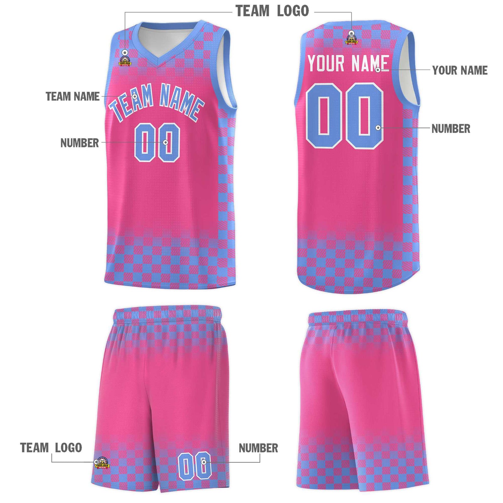 Custom Pink Light Blue Classic Plaid Pattern Sports Uniform Basketball Jersey