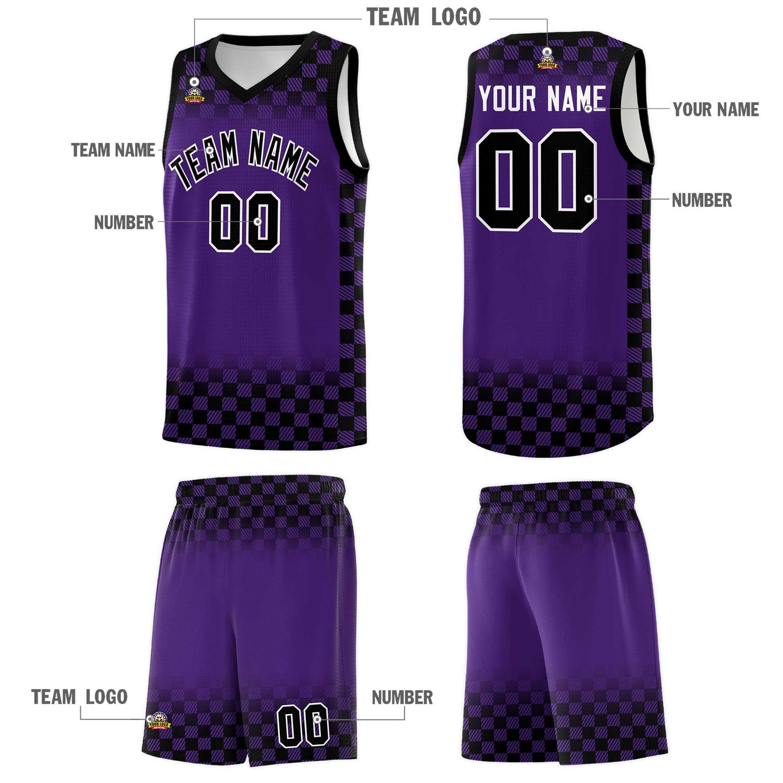 Custom Purple Black Classic Plaid Pattern Sports Uniform Basketball Jersey