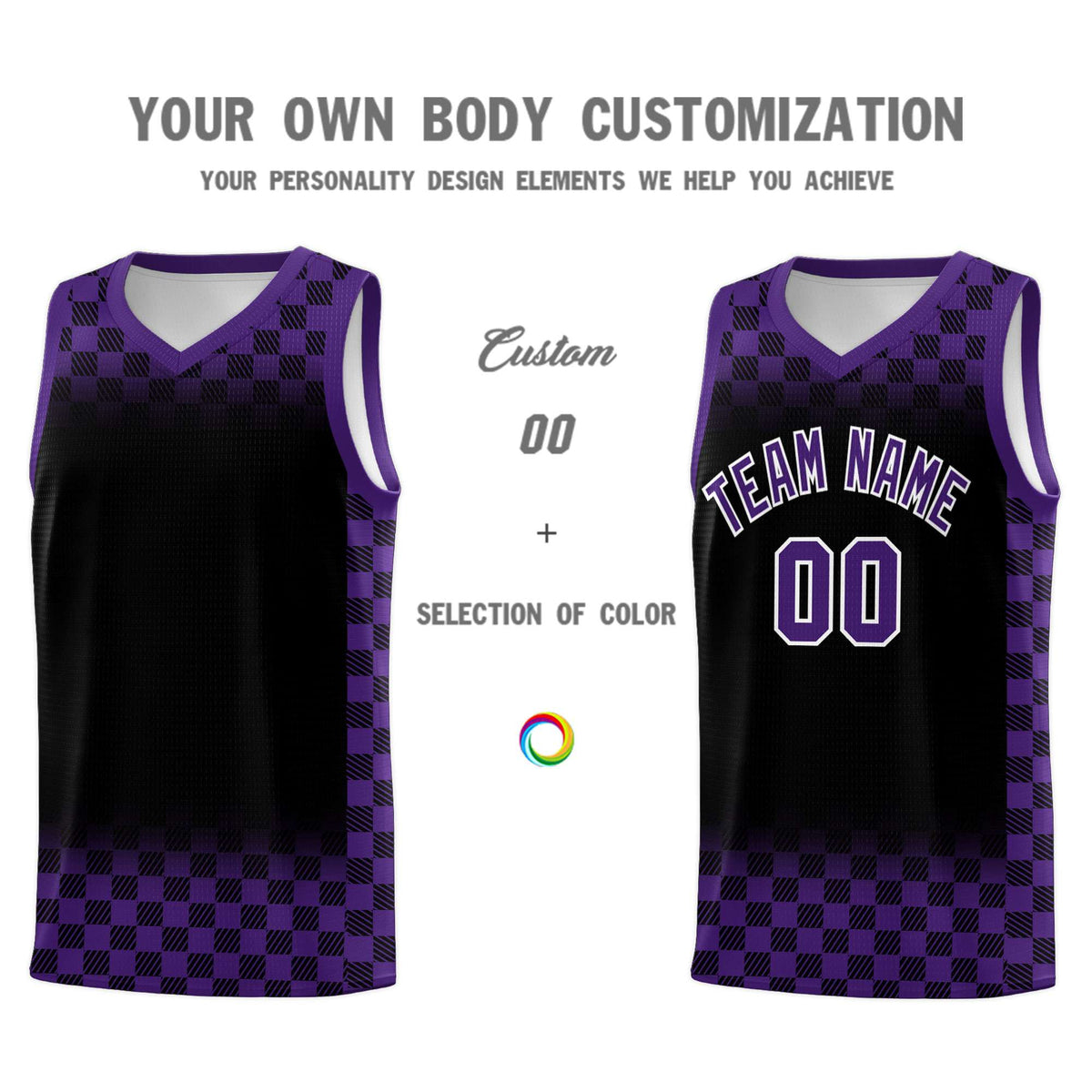 Custom Black Purple Classic Plaid Pattern Sports Uniform Basketball Jersey