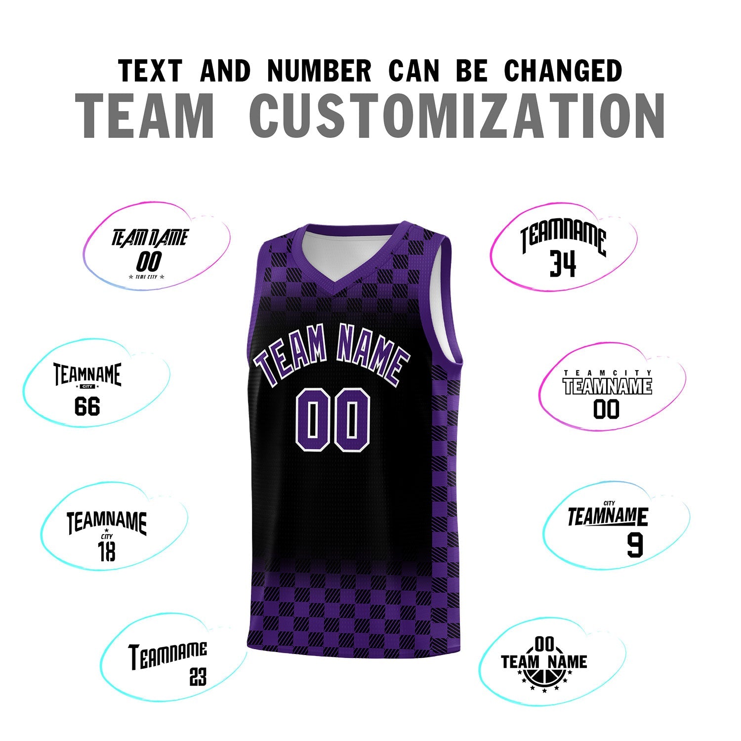 Custom Black Purple Classic Plaid Pattern Sports Uniform Basketball Jersey