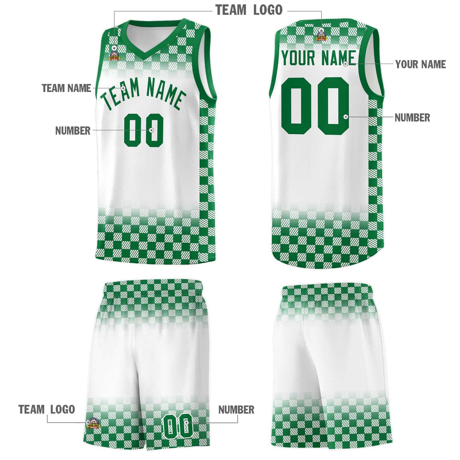 Custom White Kelly Green Classic Plaid Pattern Sports Uniform Basketball Jersey