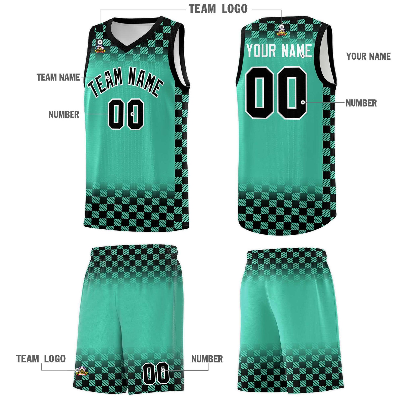 Custom Bright Green Black Classic Plaid Pattern Sports Uniform Basketball Jersey