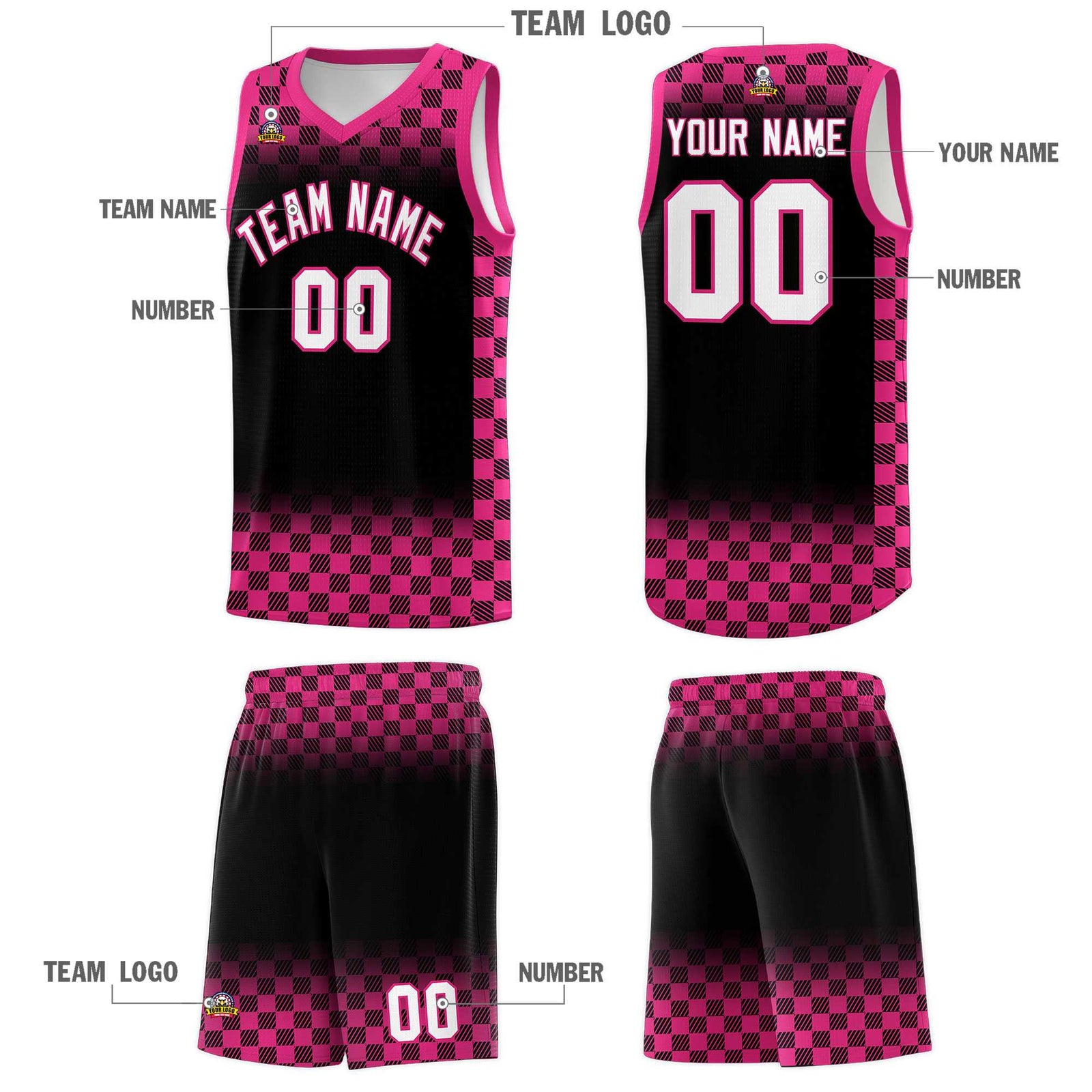 Custom Black Pink Classic Plaid Pattern Sports Uniform Basketball Jersey