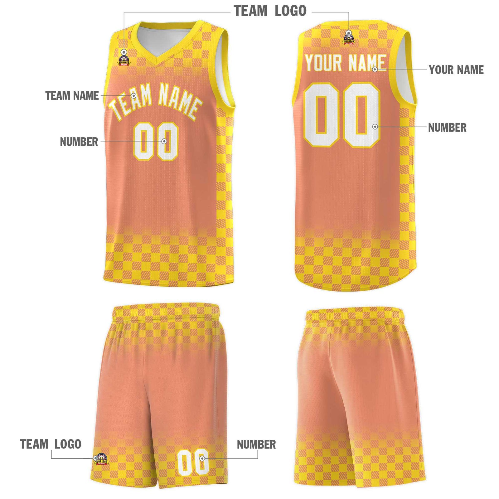 Custom Light Orange Gold Classic Plaid Pattern Sports Uniform Basketball Jersey