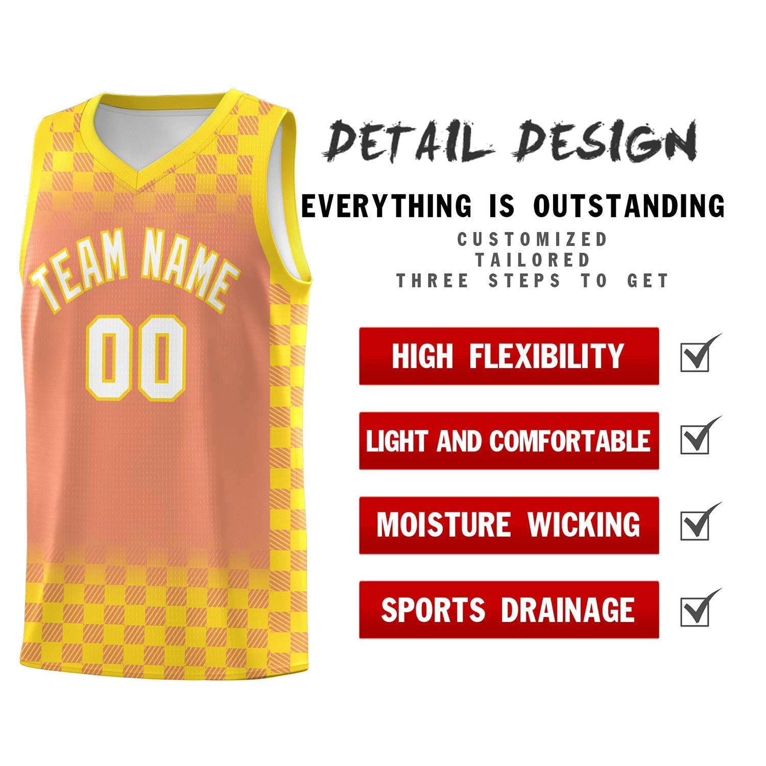 Custom Light Orange Gold Classic Plaid Pattern Sports Uniform Basketball Jersey