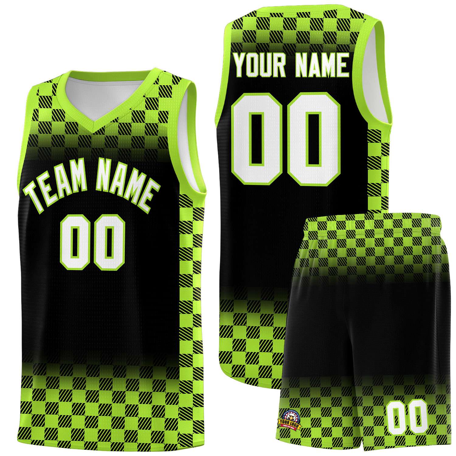 Custom Black Neon Green Classic Plaid Pattern Sports Uniform Basketball Jersey