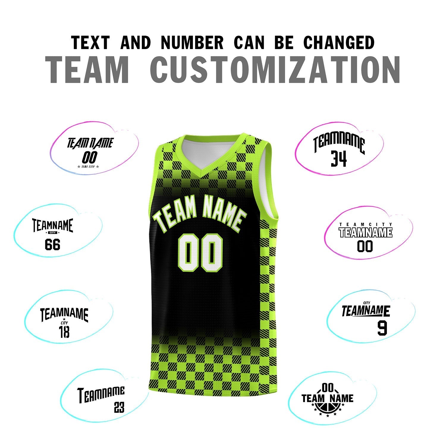 Custom Black Neon Green Classic Plaid Pattern Sports Uniform Basketball Jersey
