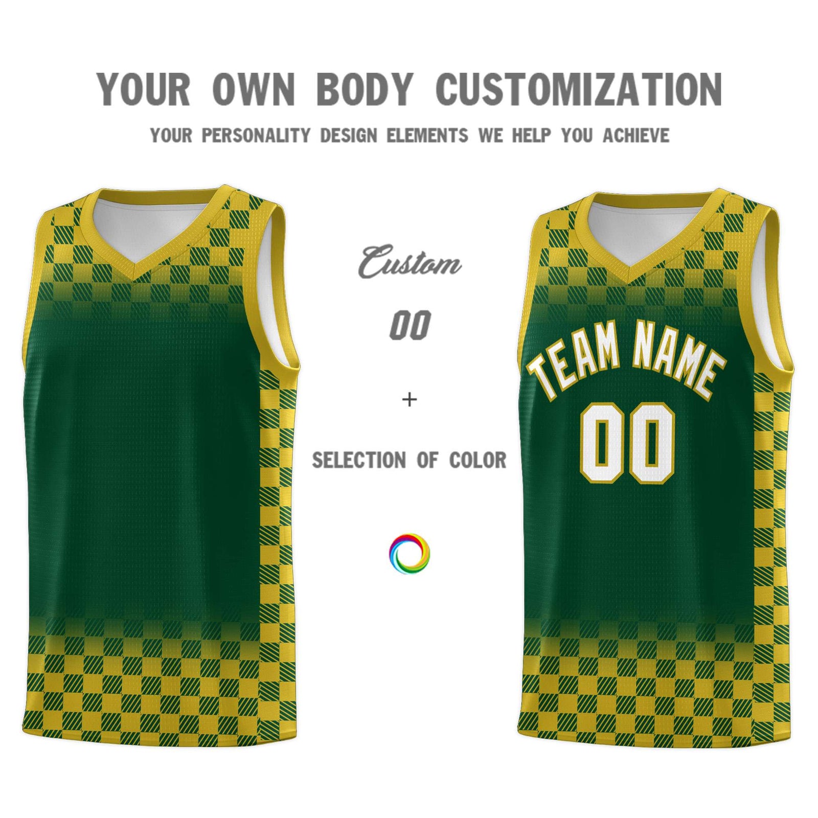 Custom Green Old Gold Classic Plaid Pattern Sports Uniform Basketball Jersey