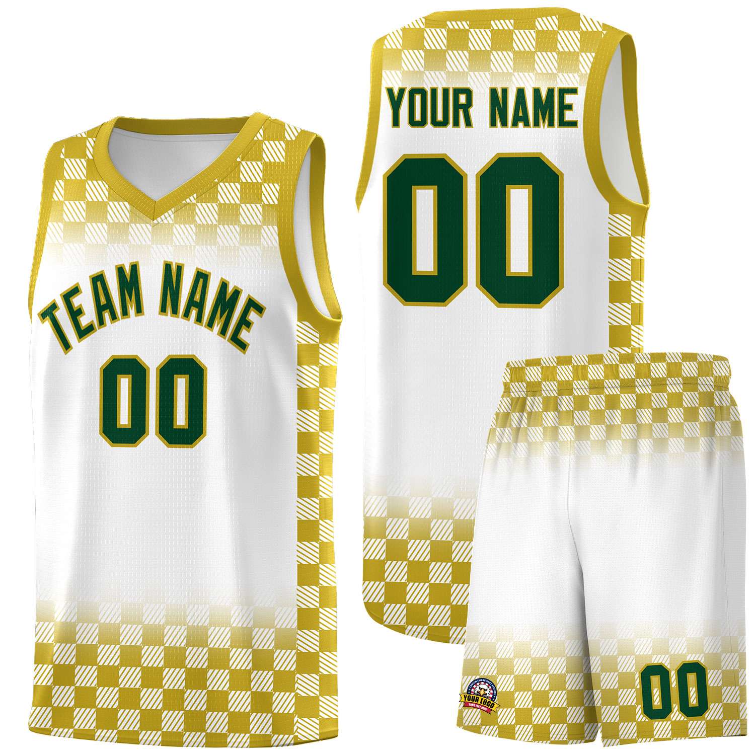 Custom White Old Gold Classic Plaid Pattern Sports Uniform Basketball Jersey
