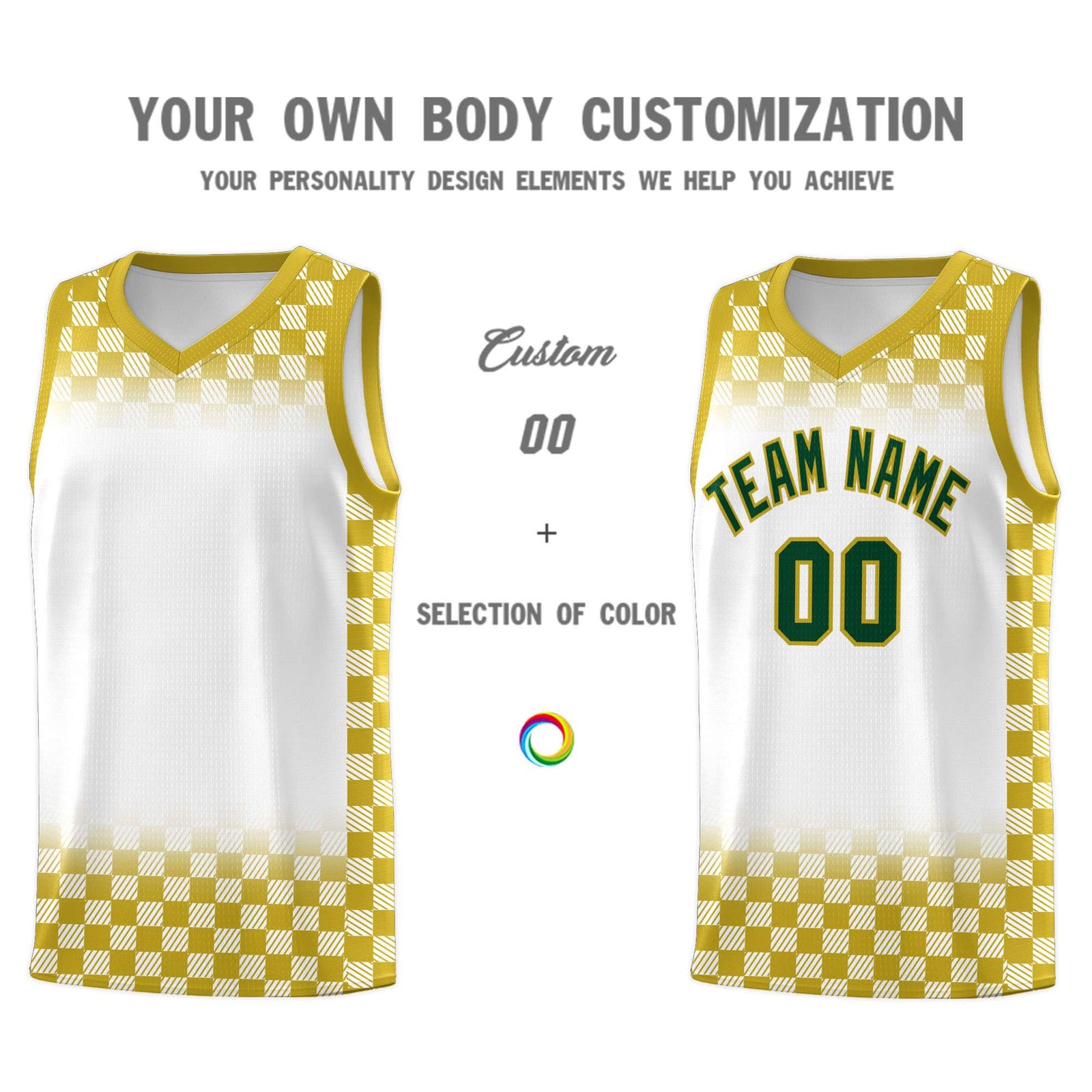 Custom White Old Gold Classic Plaid Pattern Sports Uniform Basketball Jersey