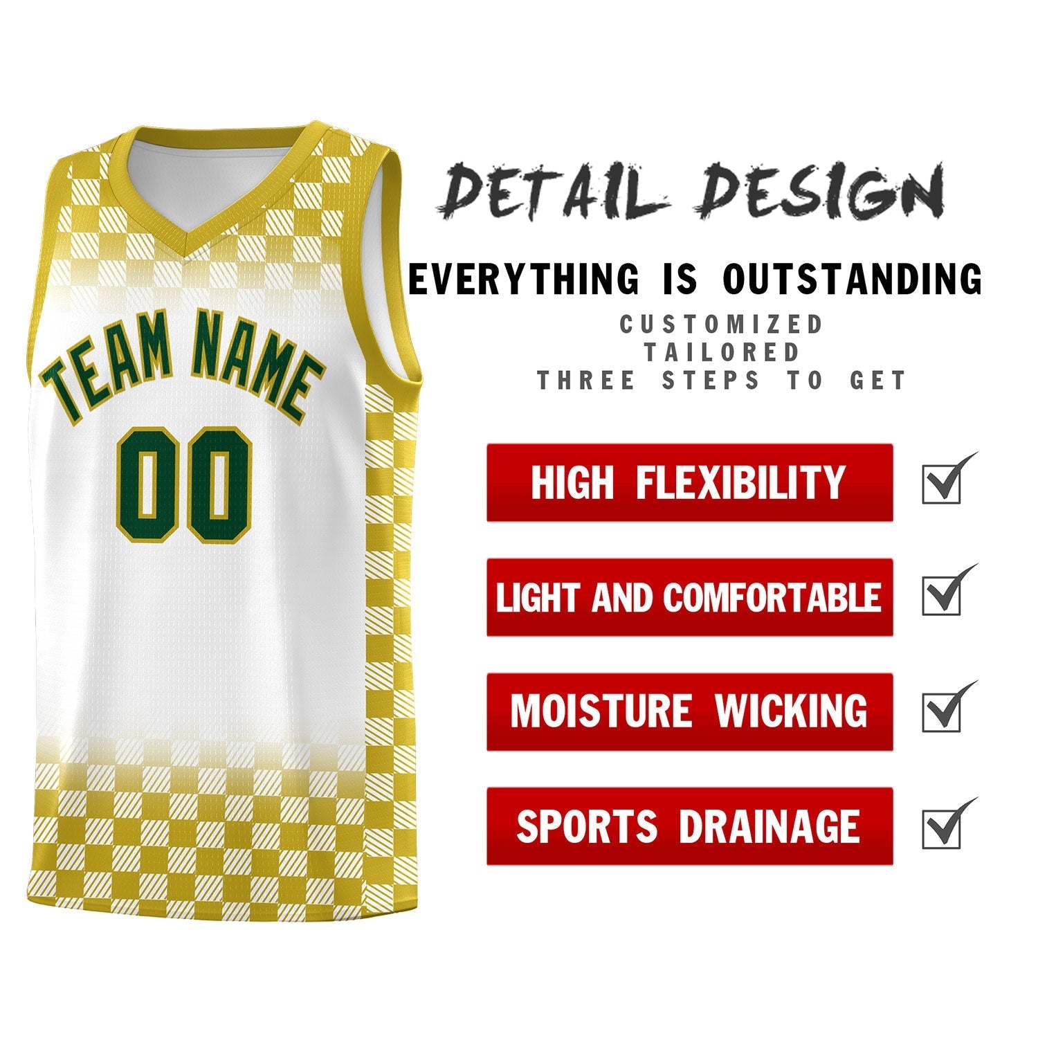 Custom White Old Gold Classic Plaid Pattern Sports Uniform Basketball Jersey