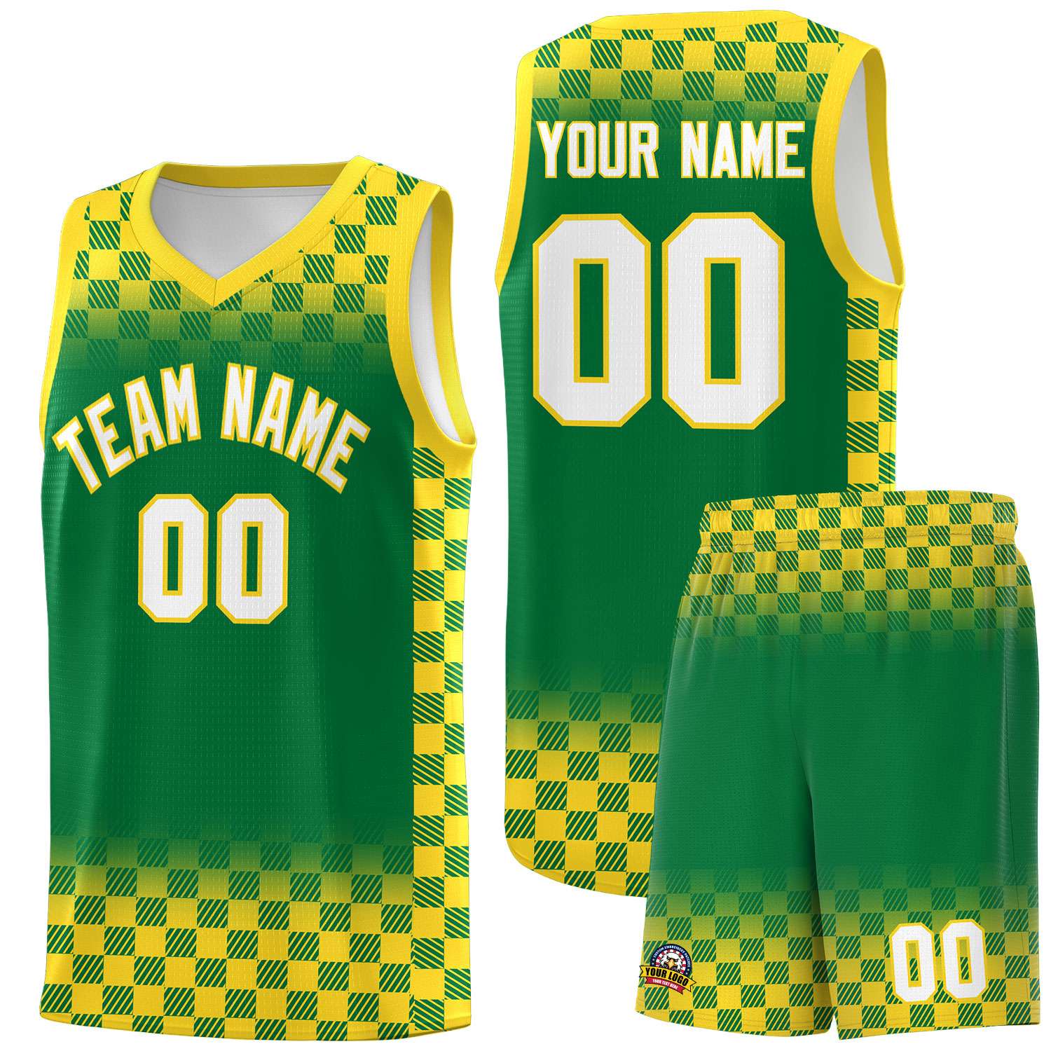 Custom Kelly Green Gold Classic Plaid Pattern Sports Uniform Basketball Jersey
