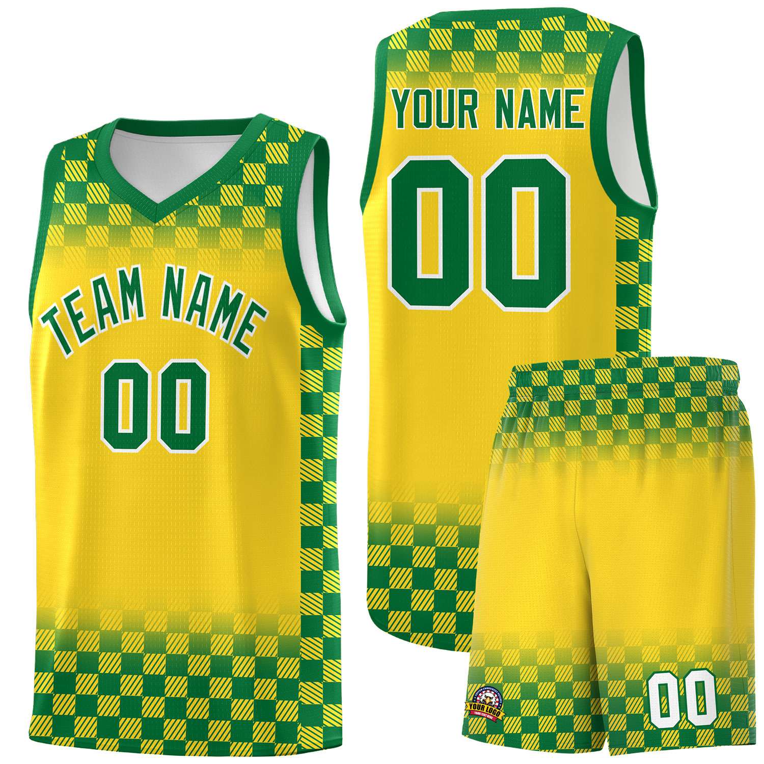 Custom Gold Kelly Green Classic Plaid Pattern Sports Uniform Basketball Jersey