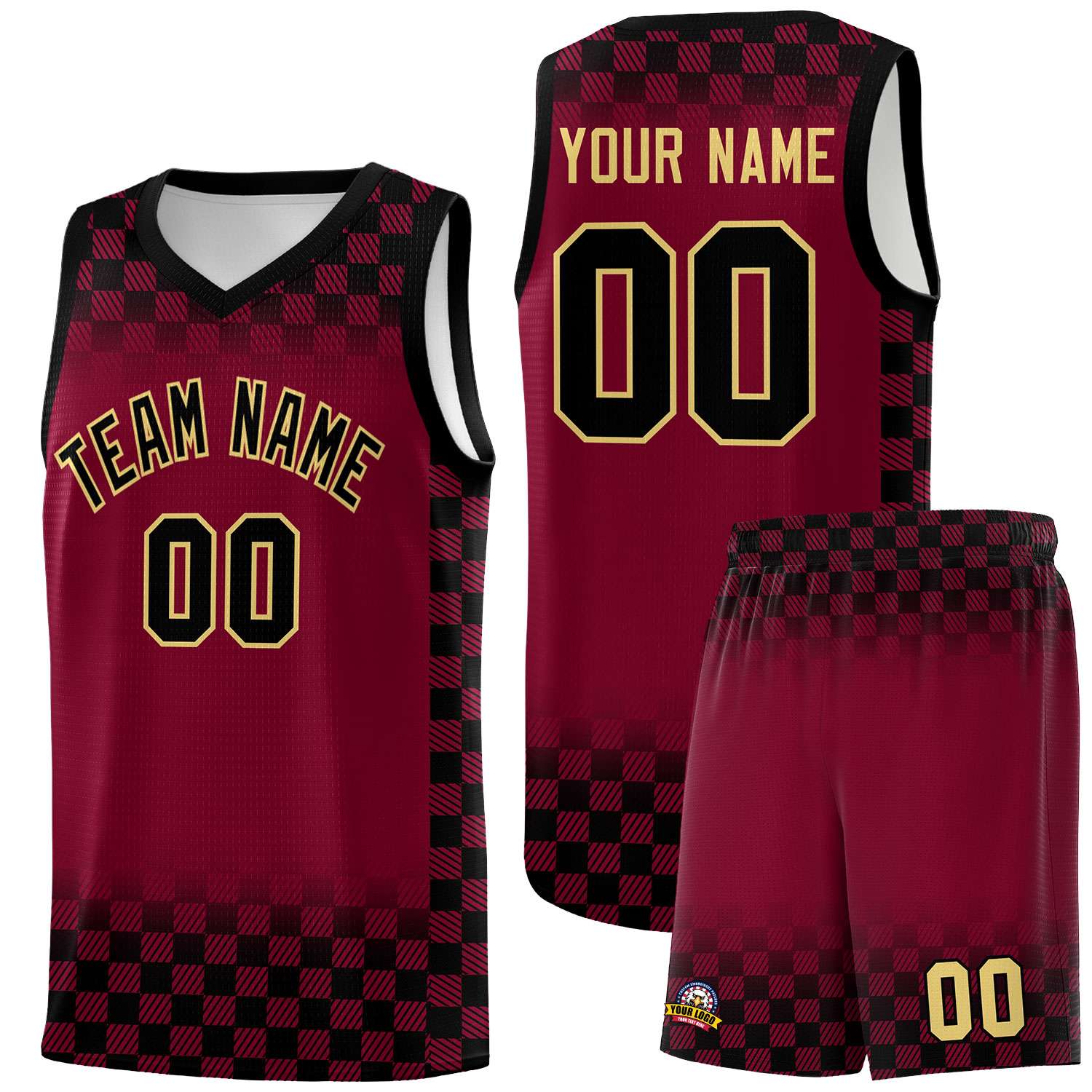 Custom Crimson Black Classic Plaid Pattern Sports Uniform Basketball Jersey