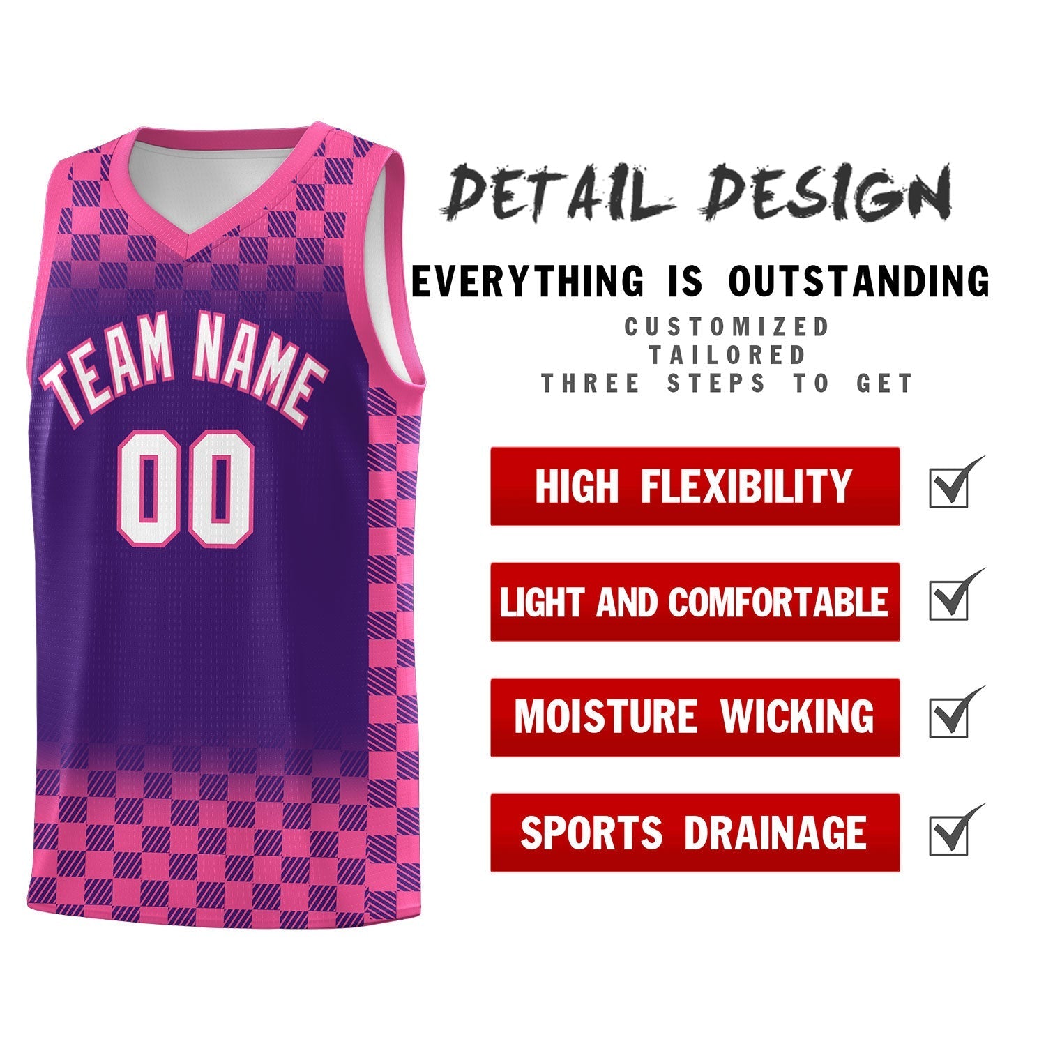 Custom Purple Pink Classic Plaid Pattern Sports Uniform Basketball Jersey