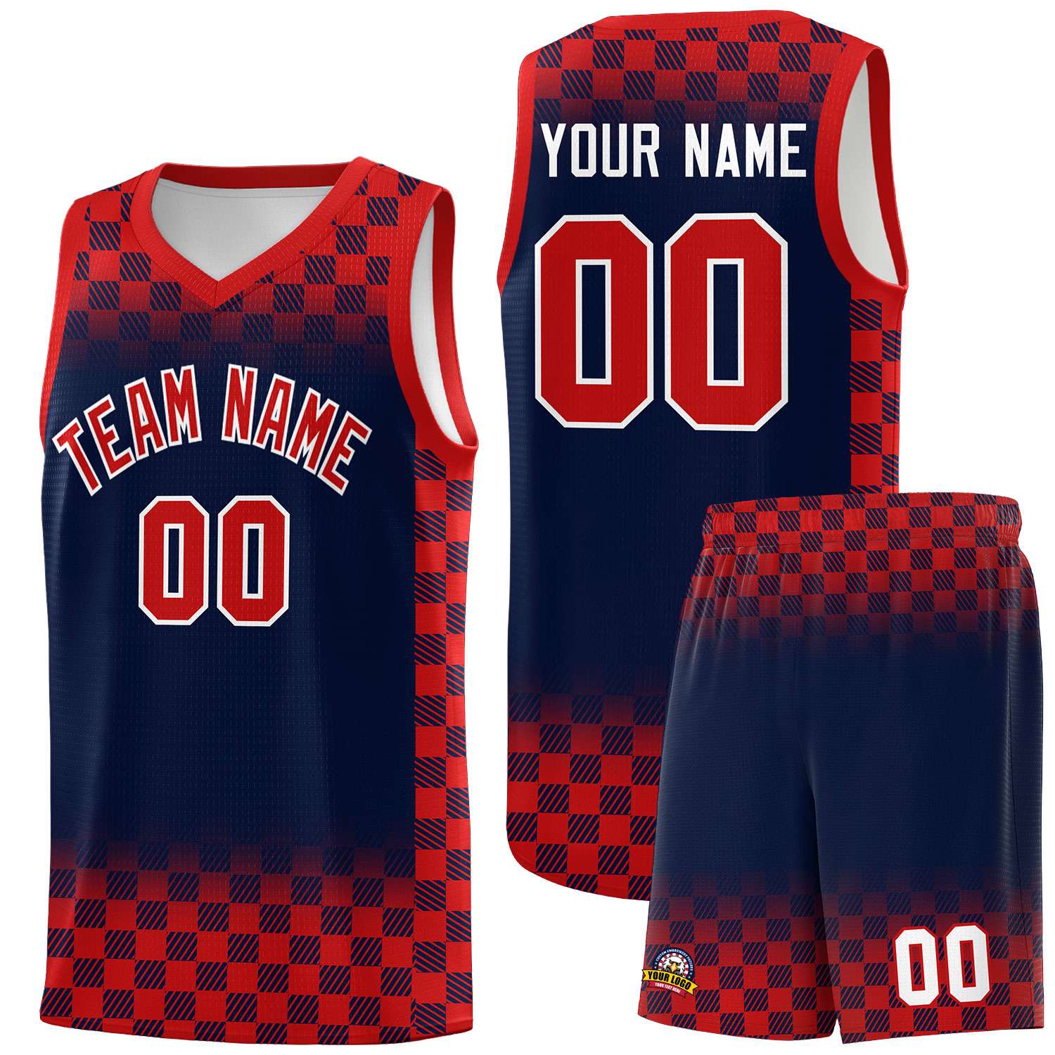Custom Navy Red Classic Plaid Pattern Sports Uniform Basketball Jersey