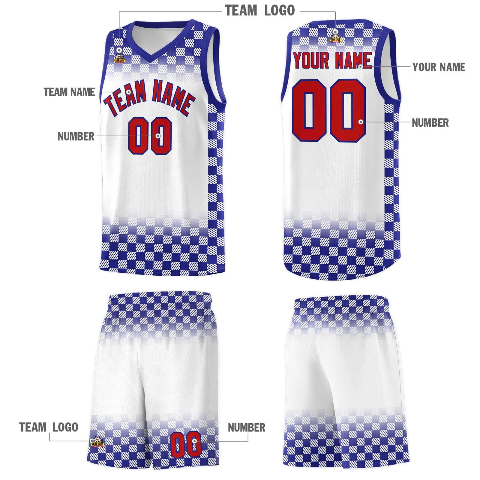 Custom White Royal Classic Plaid Pattern Sports Uniform Basketball Jersey
