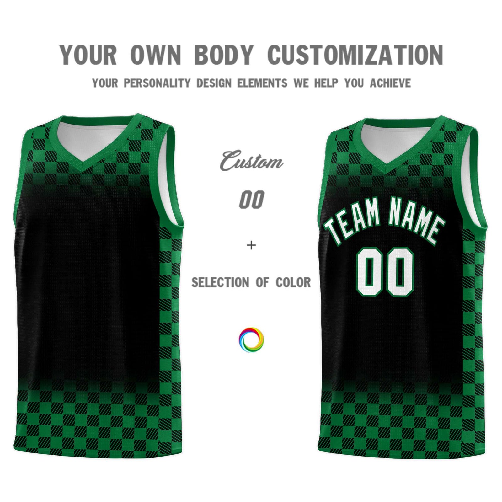 Custom Black Kelly Green Classic Plaid Pattern Sports Uniform Basketball Jersey