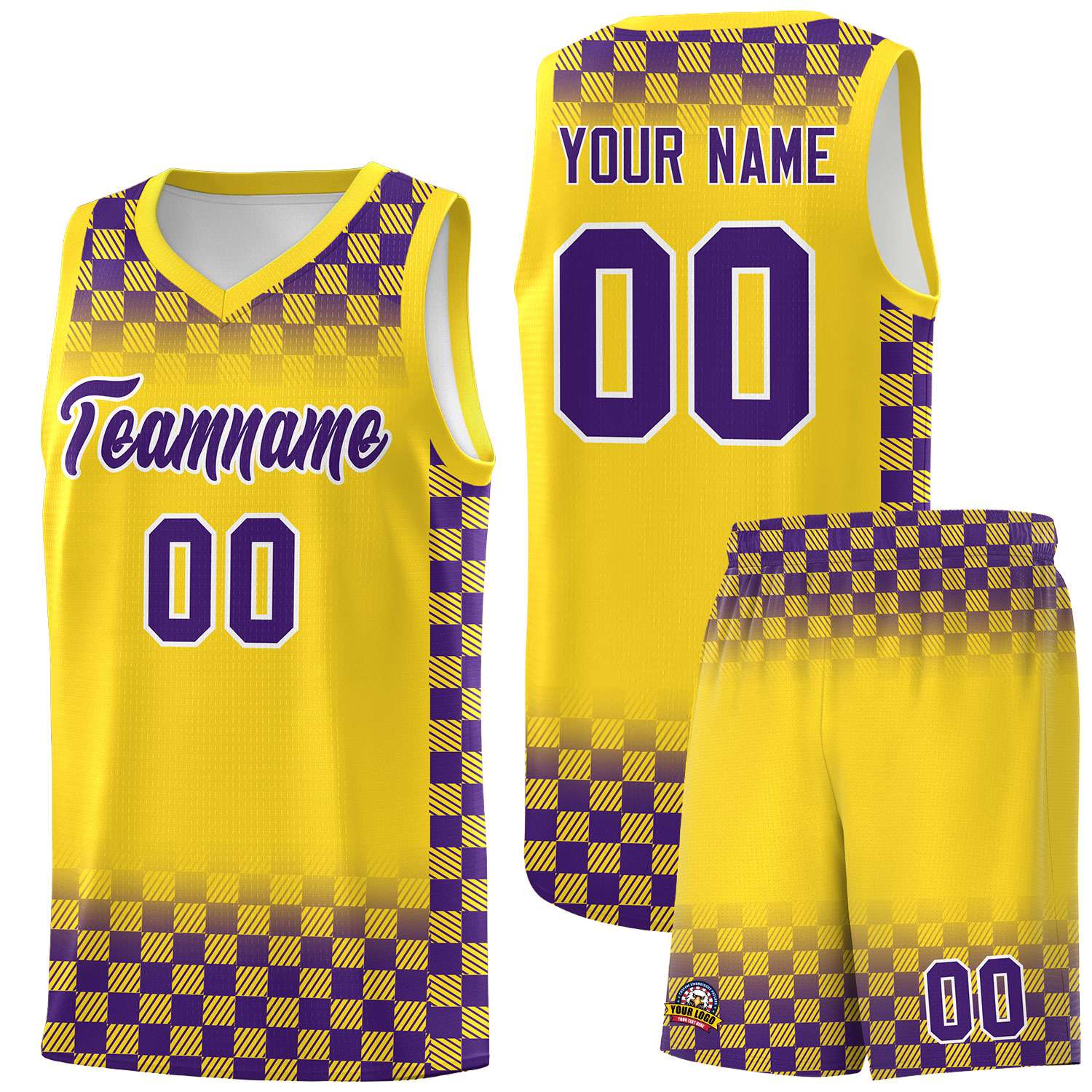 Custom Gold Purple Classic Plaid Pattern Sports Uniform Basketball Jersey